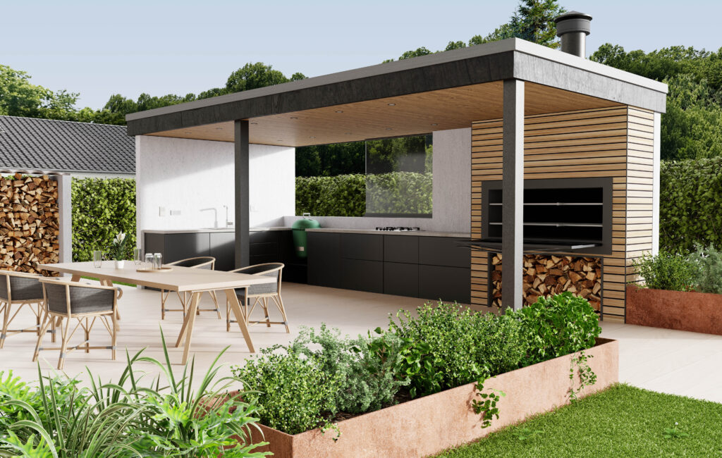 Exterior Rendering; zur Darstellung der alternativen Verwendung von Duschrückwänden. Einige der Assets wurden mithilfe von AI erstellt.