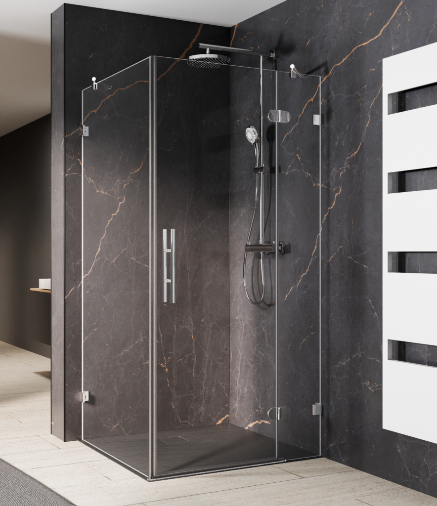 Interior Rendering; Duschkabine und Szene wurden separat voneinander erstellt. Mithilfe der AI Flux wurden beiden Komponenten miteinander verbunden.